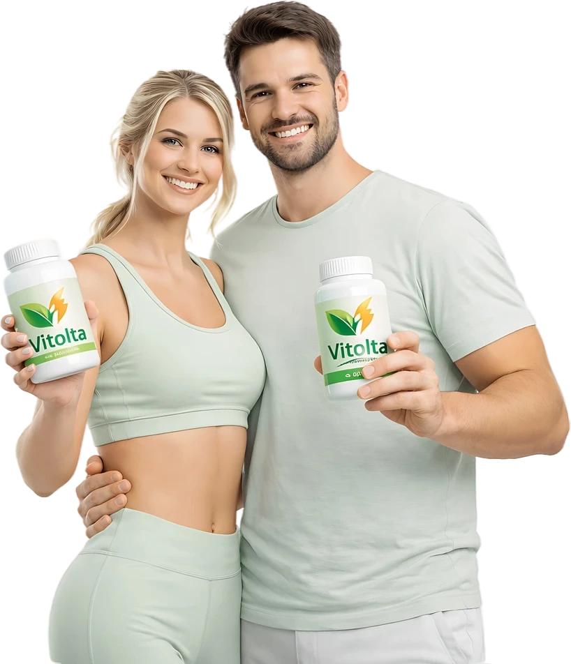 healthy_couple_transp Uśmiechnięta, aktywna para trzymająca suplementy diety Vitolta – kobieta i mężczyzna w jasnej odzieży sportowej prezentują produkty wspierające zdrowy styl życia.