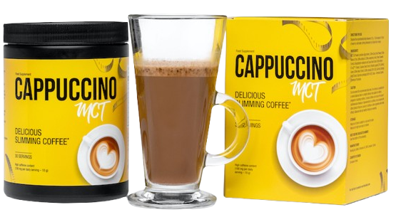 Cappuccino MCT – kawa odchudzająca w proszku, opakowanie produktu oraz szklanka przygotowanego napoju