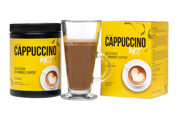 Cappuccino MCT – kawa odchudzająca w proszku, opakowanie produktu oraz szklanka przygotowanego napoju